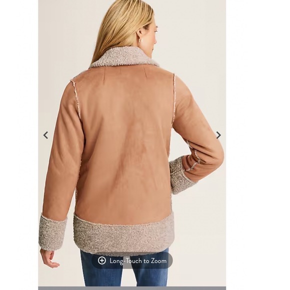 J. Jill Womens Faux Suede Sherpa Lined Jacket Tan Brown Faux Fur Coat - Picture 3 of 11